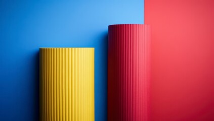Obraz premium Vibrant Yellow and Red Rolled Mats on a Blue and Red Background