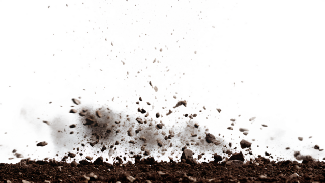 Dynamic explosion of dirt and debris isolated on white background PNG