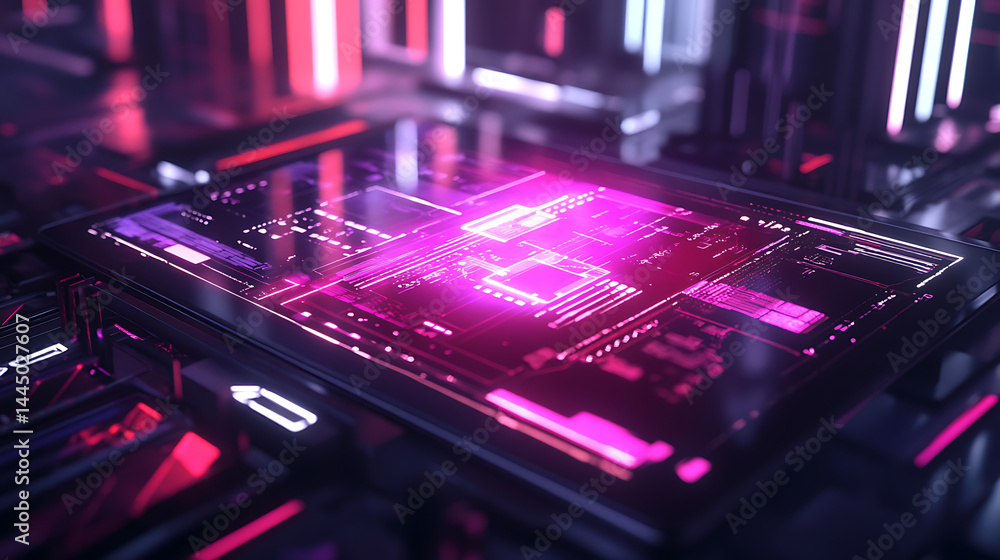 Poster abstract circuit board with glowing pink lines and components, high tech cyberpunk style background,