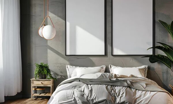 A well-lit modern bedroom showcases a comfortable bed adorned with soft linens and pillows, accompanied by lush indoor plants and empty frames on the wall.