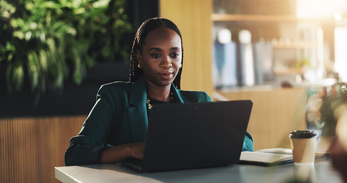 Cafeteria, employee and woman with laptop, typing and research for case in morning, online and coffee. Administration, legal assistant and black person with tech for info and digital records in cafe
