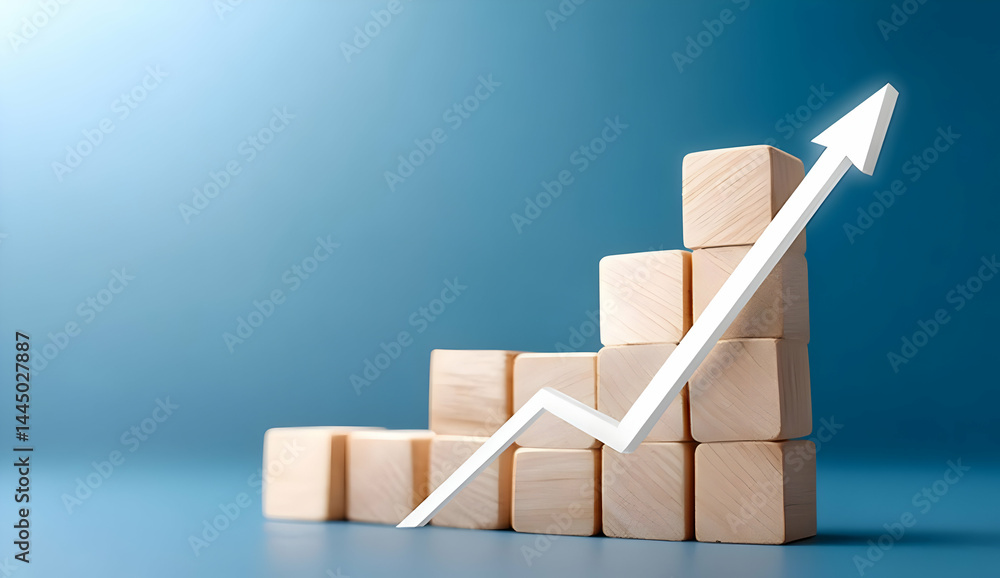 Poster a graph symbolizing growth, depicted by wooden blocks stacked in ascending order with an upward arro