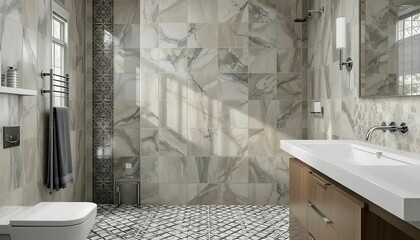 compact bathroom with marble tiles and patterned floor