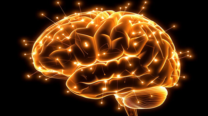
Glowing neural network with synaptic sparks, abstract brain hemisphere forming learning pathways - the essence of cognitive evolution