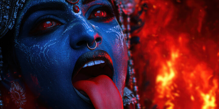 An eye-catching stock photo of intense closeup of kali devi with fiery background, ideal for creative, commercial, or editorial purposes.