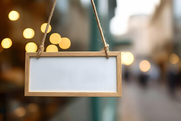 A modern, empty wooden signboard hangs outside a shop with soft bokeh lights in the background, ideal for business advertising or creative design.