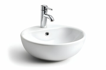 Fototapeta premium A modern, minimalist white sink with a sleek chrome faucet, ideal for contemporary bathrooms or design projects focused on elegance and functionality.