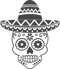 Sugar skull icon. Mexican festive decorated skeleton. Traditional ornament of marigolds. Day of the Dead concept. 