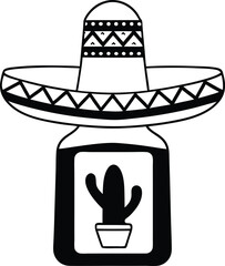 Mexican Bottle of tequila with sombrero icon transparent vector isolated