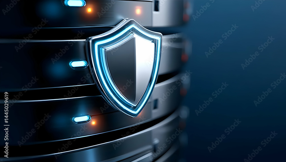 Poster a modern server with a protective shield icon, symbolizing cybersecurity and data protection. the sl