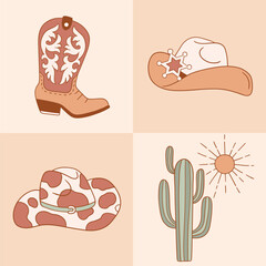 Set of western cowboy accessory. Hand drawn vector girly rodeo clipart. Perfect for tee shirt logo, greeting card, poster or nursery print design. EPS 10 vector file.