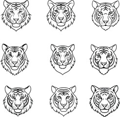 Realistic Tiger Face Line Art. 9 Detailed Black Ink Tiger Head Illustrations for Tattoo & Design Use.