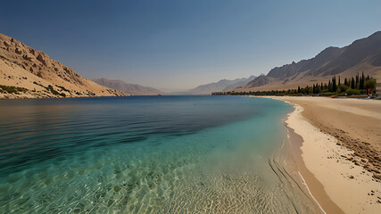  peaceful tropical coastline with lush greenery and serene ocean horizon