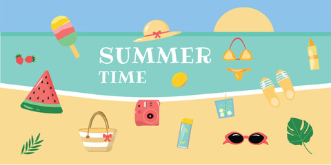 Summer vacation banner.  Beach and season holiday. Vector illustration