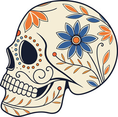 Sugar skull icon. Mexican festive decorated skeleton. Traditional ornament of marigolds. Day of the Dead concept. 