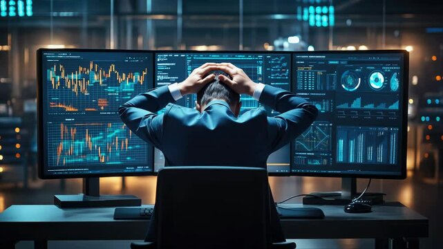 Rear view of a man clutching his head while analyzing financial graphs and charts on a computer screen, representing a crisis, business recession, income drop, or serious challenges in commercial oper