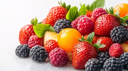 Obraz premium strawberry shortcake with fresh fruits Photography white back background
