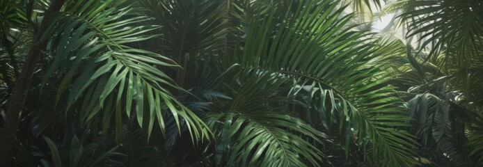 Deep emerald palm leaves, sunlight dappled, rich textures, jungle, greenery