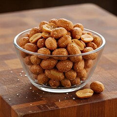 Roasted, shelled, and salted peanuts in a glass bowl on a butcher-block tabletop