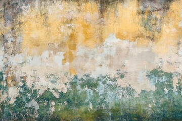Aged, weathered wall with layered paint colors  Patches of peeling paint in muted yellows, creams,...