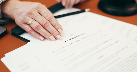 Woman, hands and contract in office for partnership agreement, business offer and legal document. Lawyer, paperwork and deal in law firm for opportunity, onboarding meeting and proposal for signature
