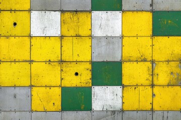 Square metal panels in yellow, green, white, and gray, forming a grid pattern  Holes and...