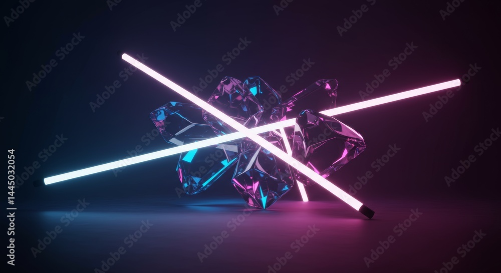 Poster abstract crystal cluster illuminated by vibrant neon tubes creating a modern and futuristic visual, 
