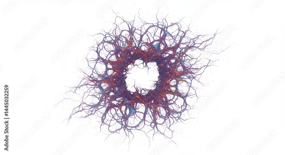 Poster abstract organic structure forms a captivating circular plexus on white background, perfect for arti