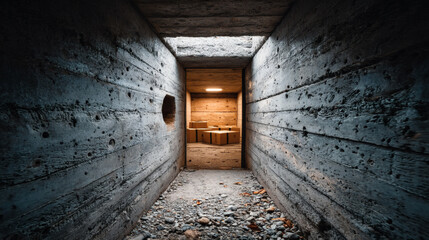 Dark Concrete Corridor Leading to a Warehouse Filled with Boxes