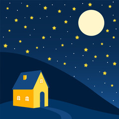 Fototapeta premium Peaceful Night Landscape Illustration with House, Stars, and Moon
