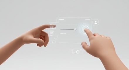 Cartoon hands using transparent futuristic interface with slider and dashboard technology for interactive control and data visualization