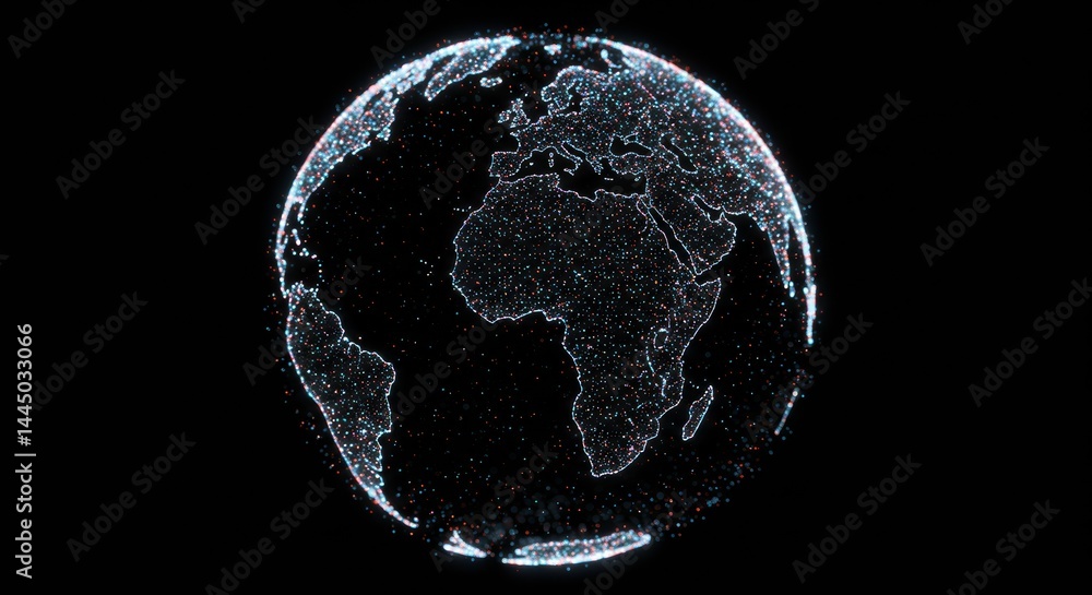 Poster digital earth globe map with glowing particle dots representing continents and countries for global 