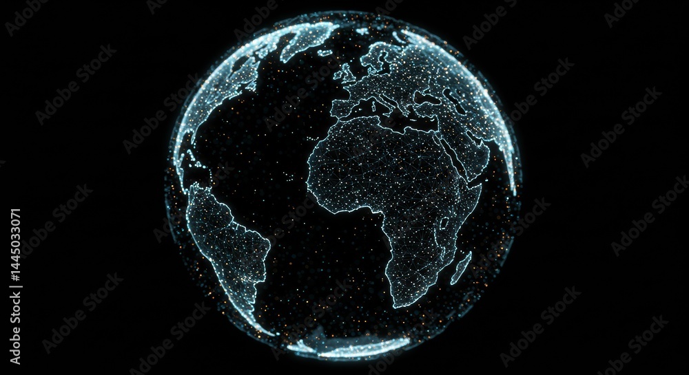 Poster digital earth globe with continents and oceans illuminated on a black background