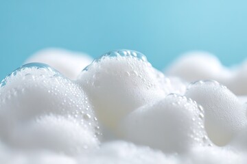 Macro of White Foam Structure on Light Blue Background, CloseUp Bubble Arrangement