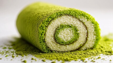 matcha roll cake single piece centered Photography white back background