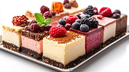 cheesecake arranged on a tray Photography white back background