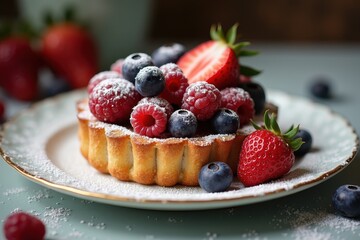 Berry tart with powdered sugar fresh fruits