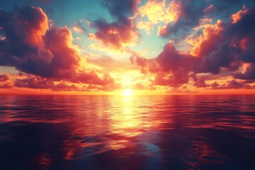 Obraz premium Vibrant sunset over calm ocean, fiery clouds reflecting on water