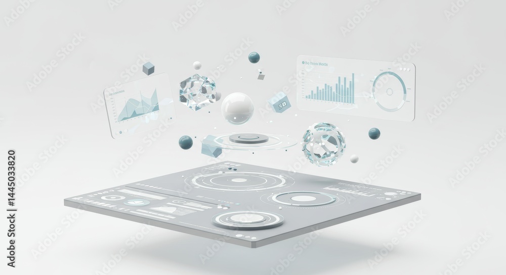 Poster futuristic technology interface showcasing data visualization and abstract elements in a clean minim