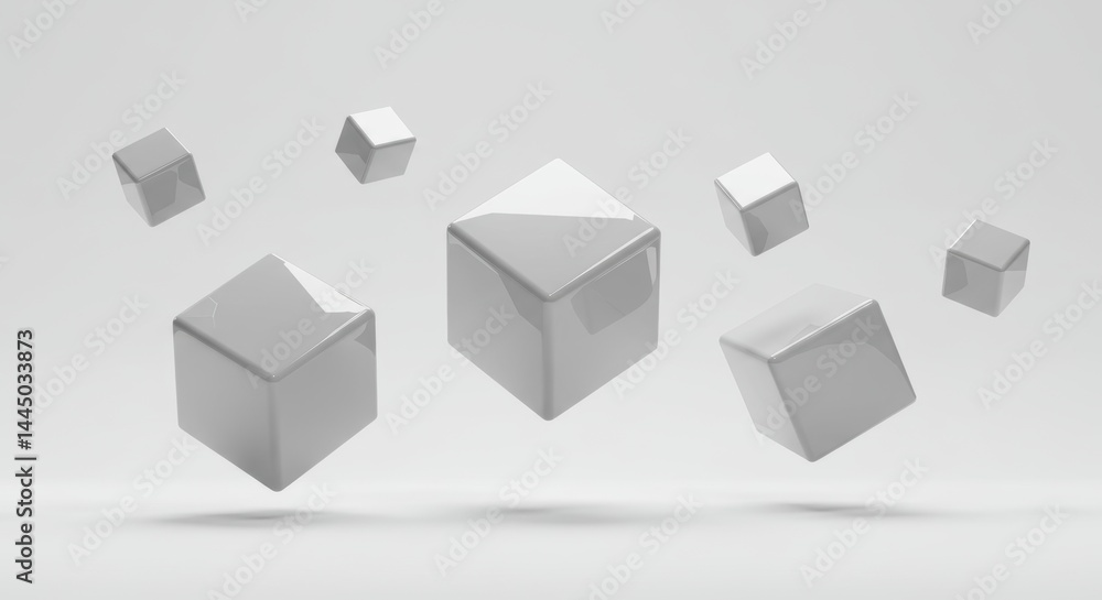 Poster glossy gray cubes floating in a clean white space modern abstract background for design elements and