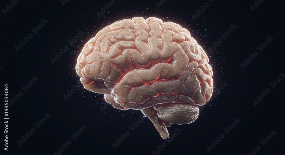 Poster human brain 3d render with neural network connections and glowing particles for medical science and 