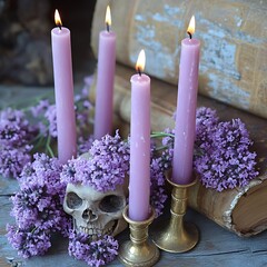 Lavender, skull, & lit candles arranged on antique books