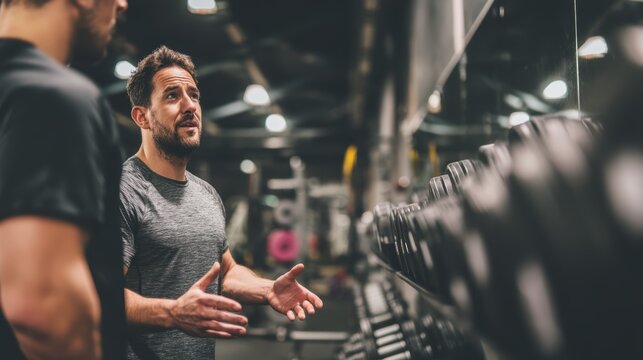 Personal trainer gives advice to people exercising at the gym - Powered by Adobe