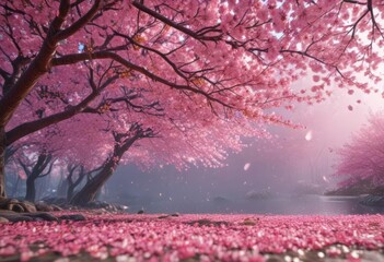 Mesmerizing pink sakura petal fall, enchanting background,  spring,  japan