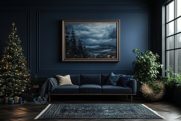 Fototapeta premium Cozy Blue Living Room with Sofa, Artwork, Christmas Tree, Window and Indoor Plants