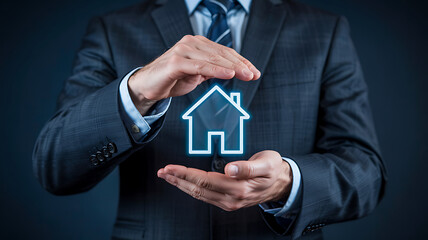 Home Protection Concept: A sophisticated individual, smartly dressed, cradles a glowing digital house symbol in his hands, symbolizing security and protection in a concept-driven.