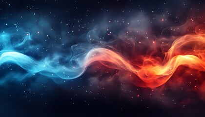 Obraz premium Intertwined blue and red smoke streams across a dark, starry backdrop