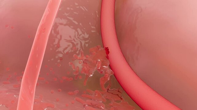 Hypertension, atherosclerosis, and cerebral blood vessel rupture lead to cerebral hemorrhage and stroke. 3D medical animation