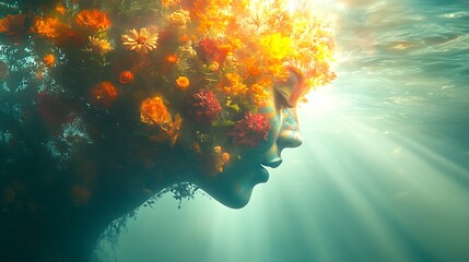 Submerged woman, floral headdress, sunlit water
