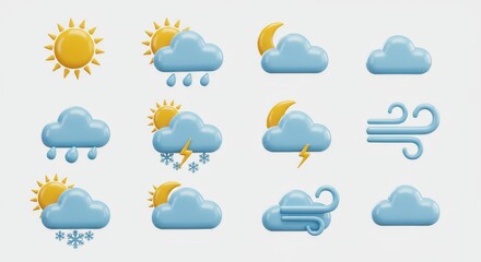 Weather forecast icons set showing sunny, cloudy, rainy, windy, snowy, and stormy days for meteorology reports and mobile applications